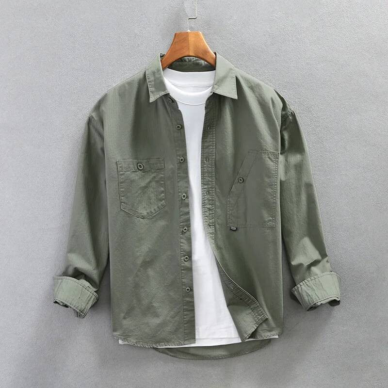 Men's Cargo Shirt Long Sleeve Premium Cotton Solid Color Japanese Streetwear Simple Handsome Chest Pocket Outdoor Work Shirst