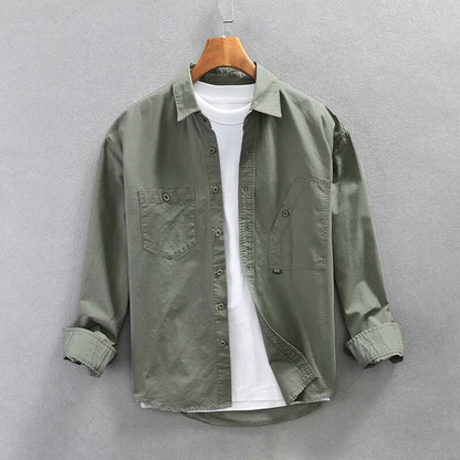 Men's Cargo Shirt Long Sleeve Premium Cotton Solid Color Japanese Streetwear Simple Handsome Chest Pocket Outdoor Work Shirst