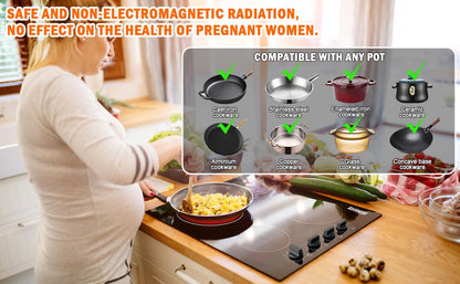 Karinear 4 Burners Electric Cooktop, 24 Inch Built-in, 220-240v, 6000W, Knob Control, Residual Heat Indicator,Hard Wire(No Plug)