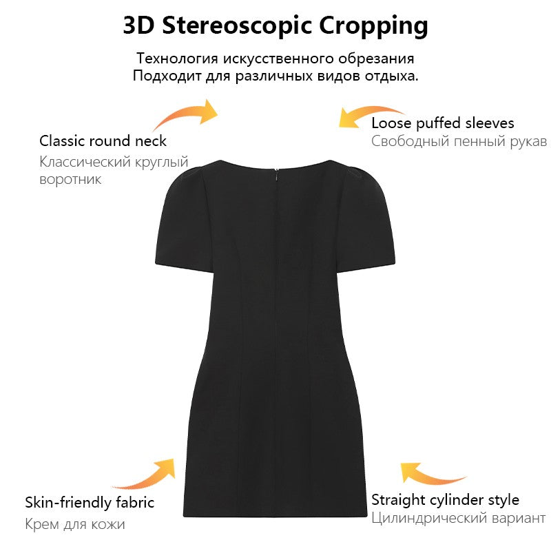 Women's black short puff sleeve mini dress with a stylish boat neckline design and pocket details, suitable for elegant occasion