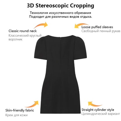 Women's black short puff sleeve mini dress with a stylish boat neckline design and pocket details, suitable for elegant occasion