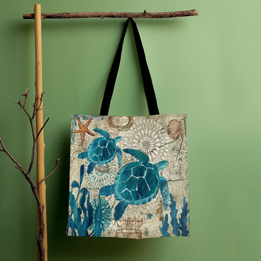 1 pc turtle octopus seahorse whale pattern map vintage, shoulder bag, lightweight full storage bag, multifunctional shopping