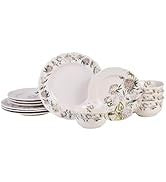 Adelaide 16-Piece Square Floral Dinnerware Set - Service for 4, Turquoise Porcelain Plate, Bowl & Mug Set, Chip Resistant, for E