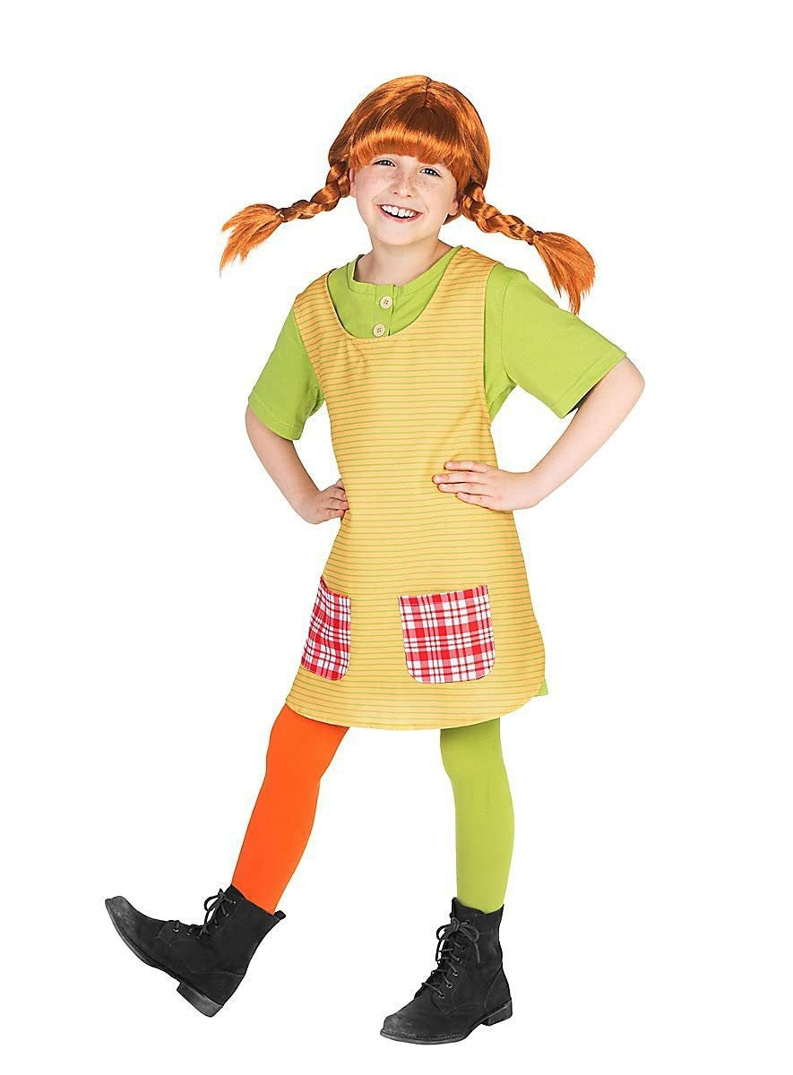 Pippi Longstocking Cosplay Costume Full Set Green T-Shirt Apron Colorful Stockings Halloween Book Character Outfit