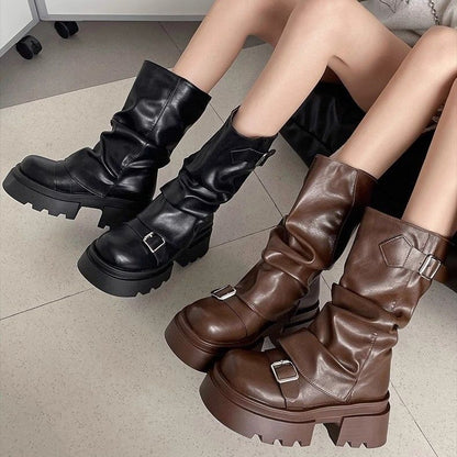 Shoes for Women 2024 Mid-Calf Women's Boots Platform Modern Boots Women Belt Buckle Square Toe Side Zip Square Heel Shoes Female
