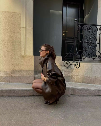 NERHEFZ Women Leather Jacket with Zipper Autumn Asymmetry Turn Down Collar Long Sleeve Button Lady Coats Causal Female Chic Tops