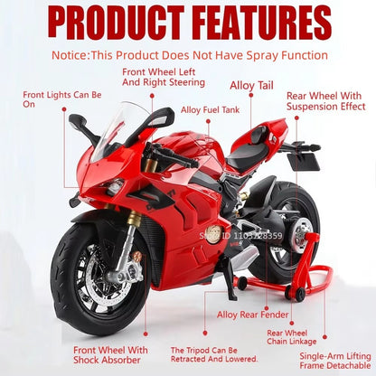 Modelos de motocicleta em miniatura 1:9 Scale 1299 V4S Brinquedos de motocicleta de liga leve com som, luz e absorção de choque, motocicletas de ornamento para presentes infantis