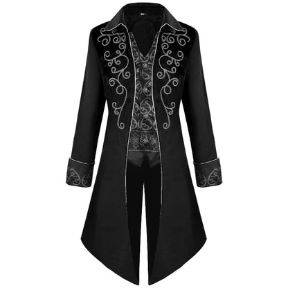 2025 Medieval Vintage Silver Trim Jacquard Men's Tuxedo, COS Prom Performance Steampunk Dress Jacket, Easter Halloween Costumes