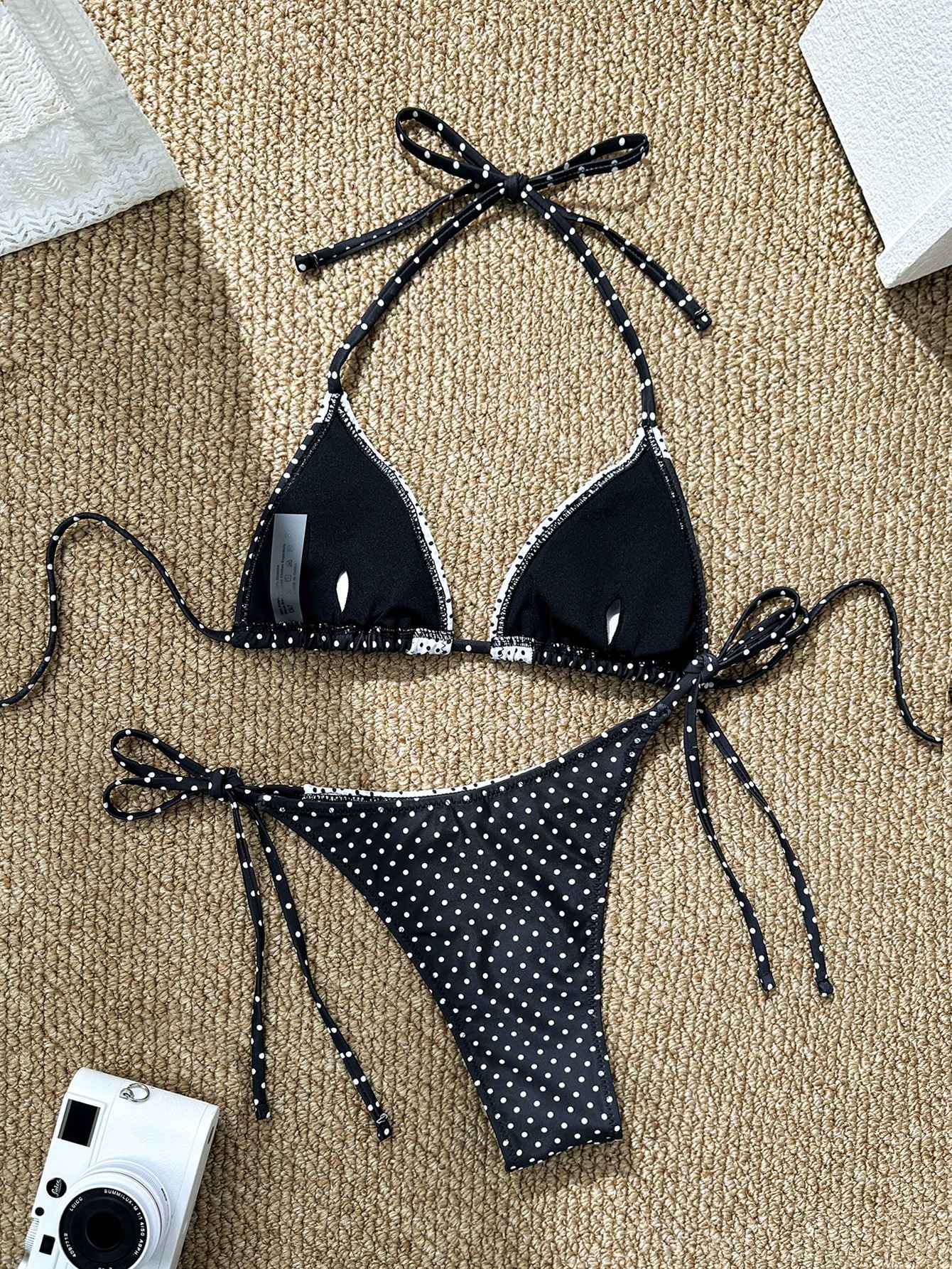 Sexy Black Dot Print Bikini Set Women Halter Lace Patchwork Push Up Bra Tie Side Thong Swimsuit 2025 Beach Bathing Suit Swimwear