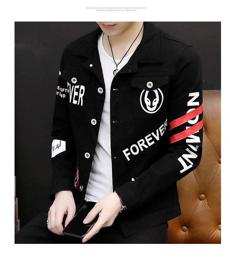 spring autumn New Men's Casual Cotton Denim Jacket Classic Style Fashion Slim Washed Retro Letter printing Jean Casual Coats