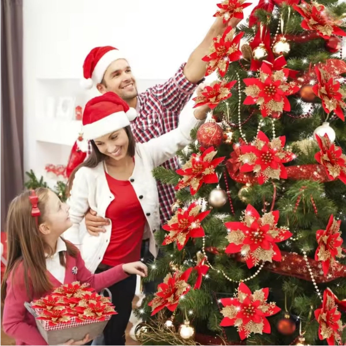 Large Glitter Artificial Christmas Flowers with Clips DIY Fake Flower Xmas Tree Ornaments for Home New Year Decoration Supplies