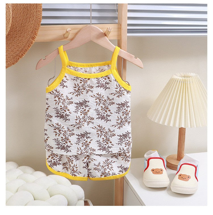 Summer Children Sling Shorts Set Fashion Flower Girls Kids Thin Breathable Pajamas Cute Cartoon Baby Toddler Home Clothes