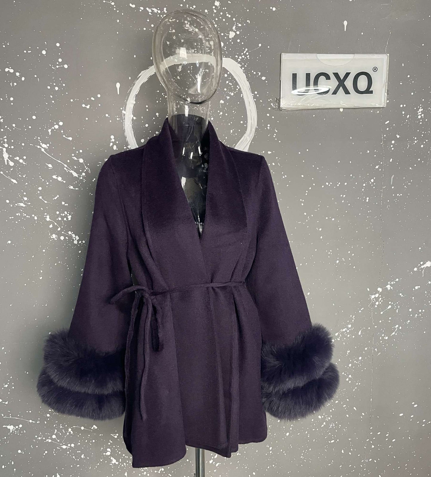 UCXQ Casaco Feminino Elegante OL para Escritório com Retalhos de Pelo Manga Comprida Lã Jaqueta de Roupa Feminina Bonita Outono Inverno 2025