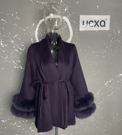 UCXQ Casaco Feminino Elegante OL para Escritório com Retalhos de Pelo Manga Comprida Lã Jaqueta de Roupa Feminina Bonita Outono Inverno 2025