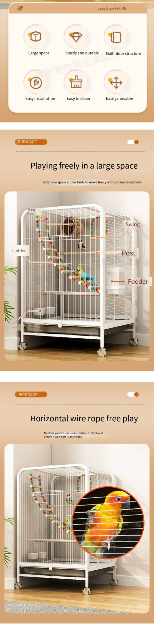 Gaiola de pássaros doméstica grande, luxuosa, para papagaio listrado, para aves grandes, gaiola de reprodução para canários