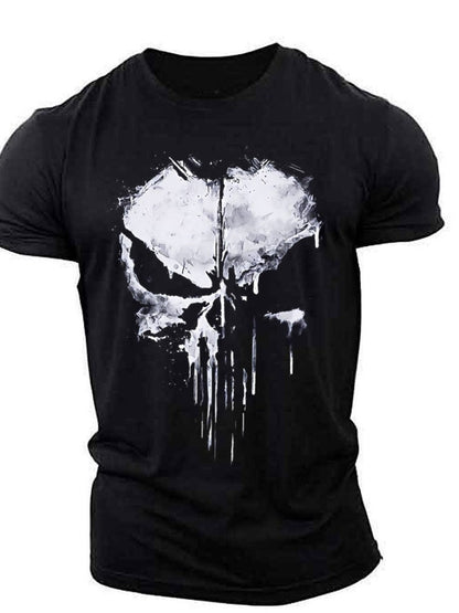 Oversized Harajuku Skull Print T-Shirt Summer Muscle Men's Sports Personality Short Sleeve Outdoor Stretch Quick Dry O-Neck Top