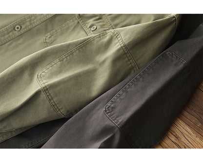 2025 Spring New American Retro Heavyweight Woven Cargo Shirt Men's Simple 100% Cotton Washed Double Pocket Blousers Loose Caot