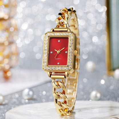 Ladies' Fashion Diamond Set Square Diamond Dot Scale Dial Steel Belt Chain Strap Quartz Watch