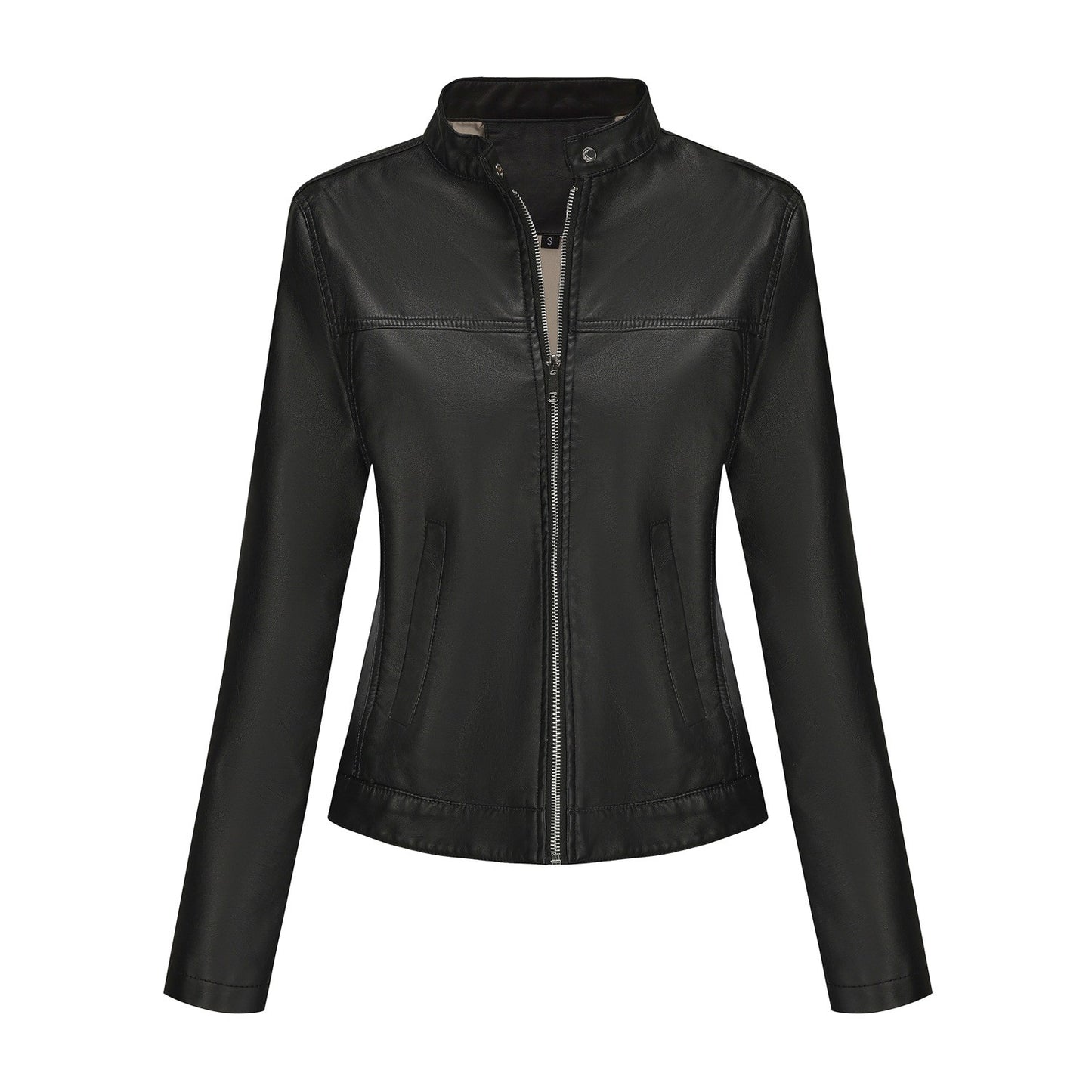 Black Women's Fitted Leather Jacket with Front Zipper & Side Pockets?, Available in Brown, Navy Blue, and Beige.