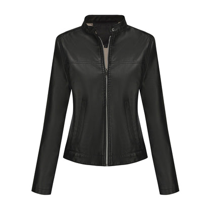 Black Women's Fitted Leather Jacket with Front Zipper & Side Pockets?, Available in Brown, Navy Blue, and Beige.