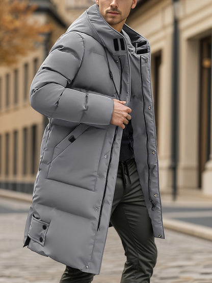 Casaco Masculino Pesado de Inverno Corta-Vento para Frio com Zíper Completo, Capuz Longo e Bolsos Frontais Grandes