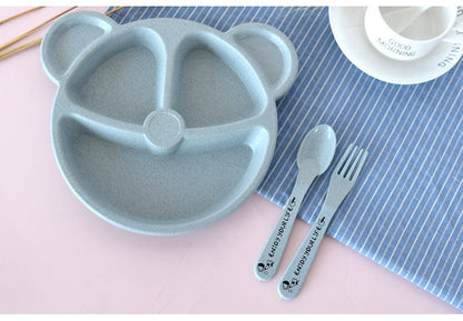 3-Piece Cute Divided Dining Plate for Children's Bowls Solid Color Fork Spoon Sucking Tableware Set with Wheat Material