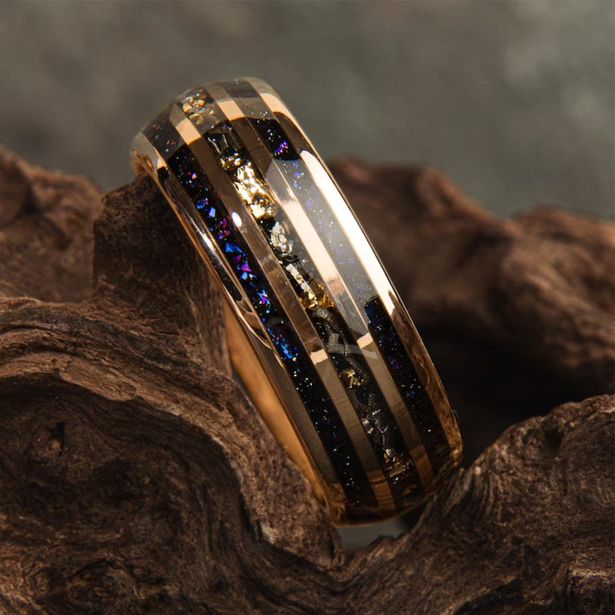 Anel de tungstênio com meteorito 8MM anéis aliança de compromisso moda joias masculina alianças de casamento anéis de noivado de ametista presente