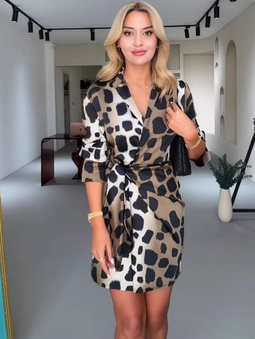 New V-neck Print Fashion Shirt Women's Dress Spring Summer Elegant Casual Leopard Mini Party Dresses For Women Robe Femme
