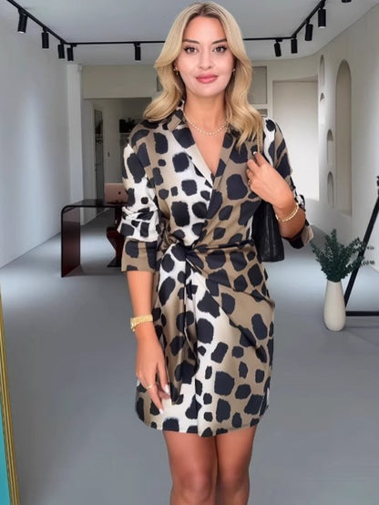New V-neck Print Fashion Shirt Women's Dress Spring Summer Elegant Casual Leopard Mini Party Dresses For Women Robe Femme