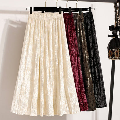 Autumn Winter Girls New A-line Velvet Skirt 2025 Plus Size Gold Velvet Half Pleated Skirt Solid Versatile High Waist Mid Skirt