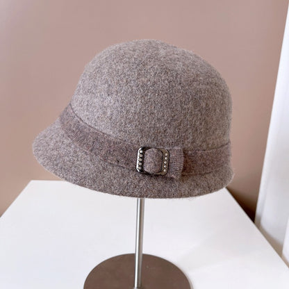 Chapéu de Lã Japonês Feminino Outono Inverno Quente de Tricô Fivela de Diamante Fita Chapéu de Pescador Chapéu de Bacia Pequena Frente e Verso