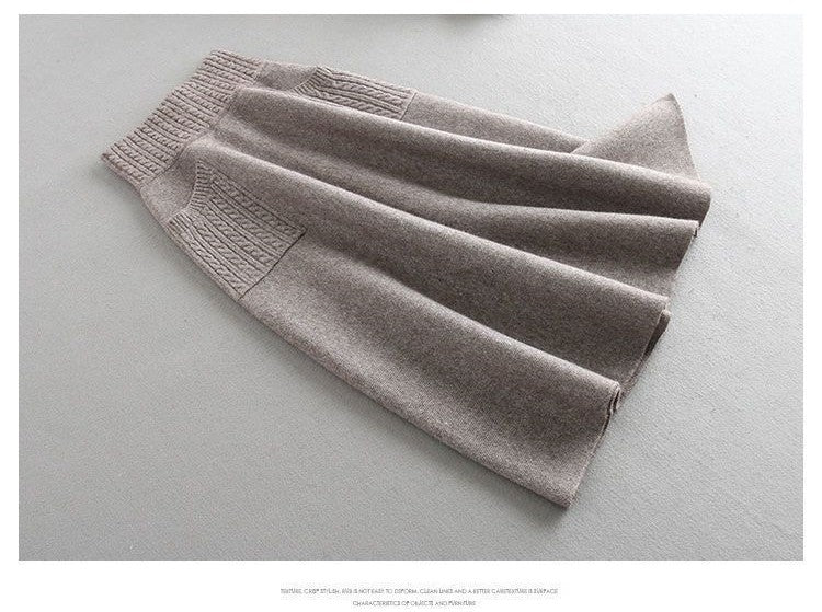 Autumn Winter Women's Mid-Length Knitted Pleated Skirt High Waist A-Line Long Skirt Loose Fuzzy Wool Skirt Double ket