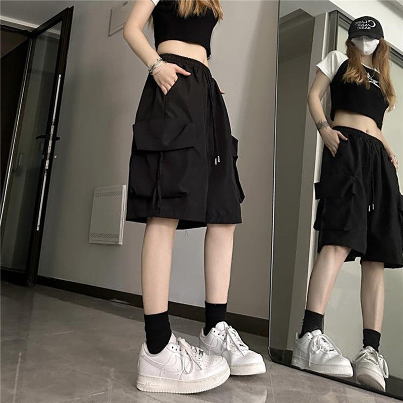 Y2K Cargo Shorts Women Harajuku Black Oversized Wide Leg Shorts Summer Streetwear Fashion High Waist Baggy Lady Short Pants Pink