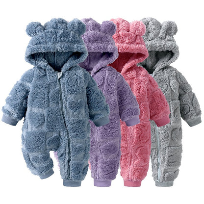 Winter Baby Bear Hooded Romper Thicken Fleece Warm Heart Flannel Toddler Girl Jumpsuits Infant Boy Bodysuit For Newborn Clothes