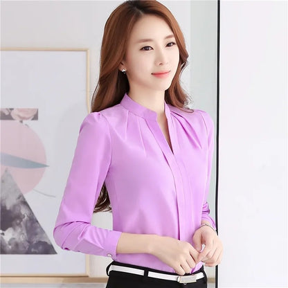 Chiffon Blouse Women Korean Fashion Women Clothing White Shirt  Long Sleeve Blouses V-neck Womens Tops Basic Shirts and Blouses