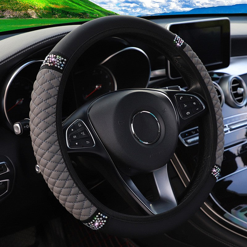Four Seasons Universal Car Steering Wheel Cover 37-38cm Leather Embroidered Color Diamond-Studded Elastic Steering Wheel Cover