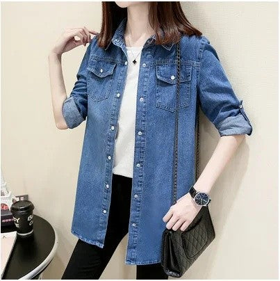 2025 Autumn Winter Medium-Length Slimming Denim Shirt Women's Long Sleeve Underwear Cotton Denim Jacket Plus Size