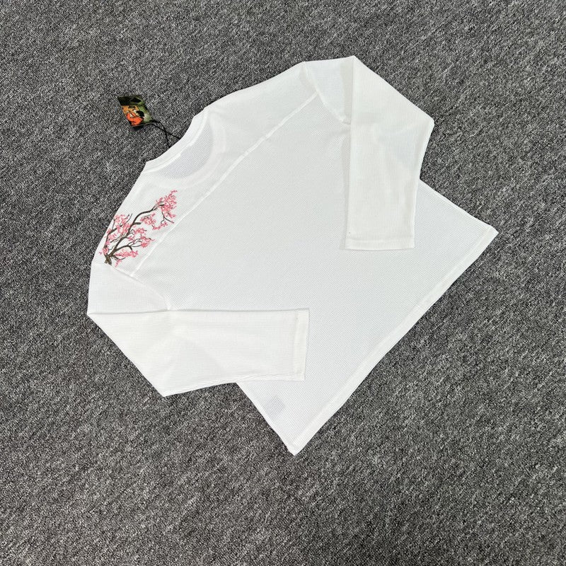 Waffle Long Sleeve Embroidery Sakura Derschutze Blossom T Shirt Men Women Casual Loose High Quality Breathe T-shirt Clothes