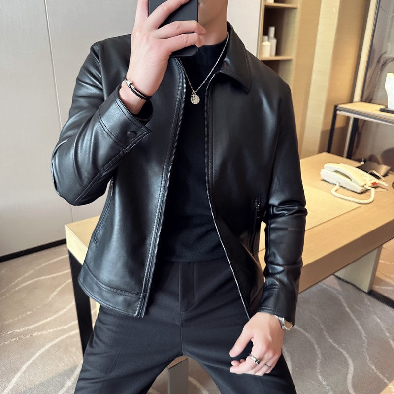 Men's Winter Faux Leather Turn Down Collar Warm Coat Windproof High Quality Men's PU Leather Jacket Motorcycle Casual Clothing