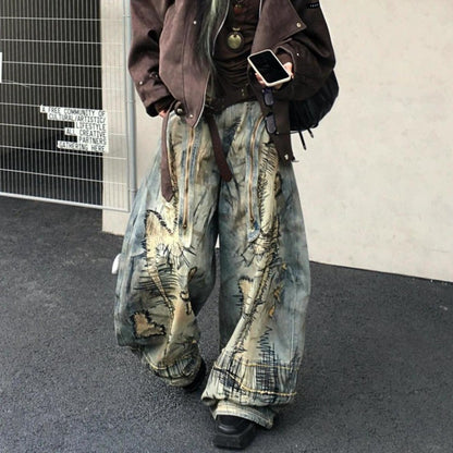 American Street Destruction Style Embroidered Denim Pants Oversized Retro Wash Personality Fashion Loose Casual Wide Leg Jeans