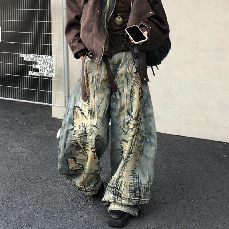 American Street Destruction Style Embroidered Denim Pants Oversized Retro Wash Personality Fashion Loose Casual Wide Leg Jeans