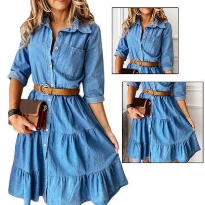 Denim Dress Three Quarter Sleeve with Belt Turn-down Collar Spring Autumn Buttons Ruffle Jeans Dresses for women 2025