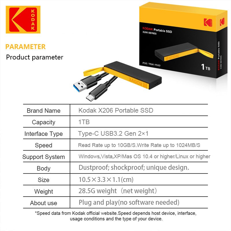 Kodak Type-C external interface SSD 1000MB/S hard drive 1TB USB3.2 Mini portable SSD 1TB laptop smartphone PS4 PC MAC TV