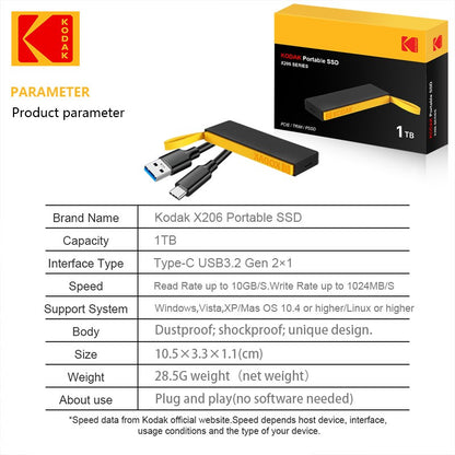 Kodak Type-C external interface SSD 1000MB/S hard drive 1TB USB3.2 Mini portable SSD 1TB laptop smartphone PS4 PC MAC TV