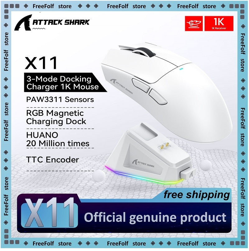 Mouse Gamer Sem Fio Attack Shark X11: 3 Modos (2.4GHz/Com Fio/Bluetooth), PAW3311, 22000DPI, 400IPS, Mouse Gamer para PC