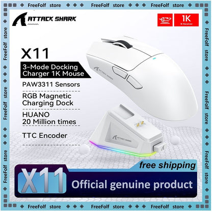Mouse Gamer Sem Fio Attack Shark X11: 3 Modos (2.4GHz/Com Fio/Bluetooth), PAW3311, 22000DPI, 400IPS, Mouse Gamer para PC