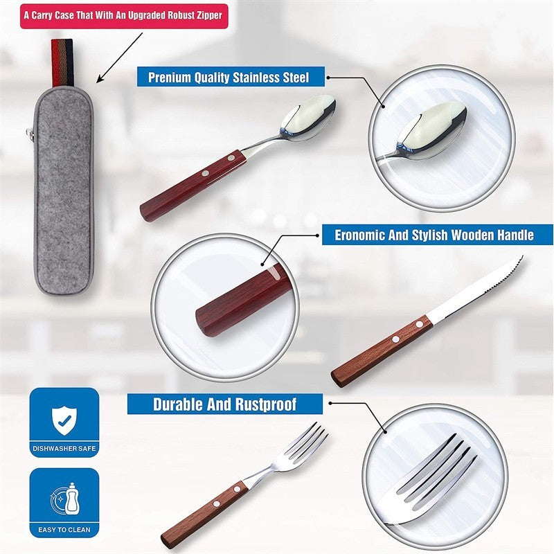 Utensílios de viagem de aço inoxidável com estojo Saudáveis e ecológicos Garfo e colher de tamanho normal Conjunto de talheres portáteis com bolsa de armazenamento