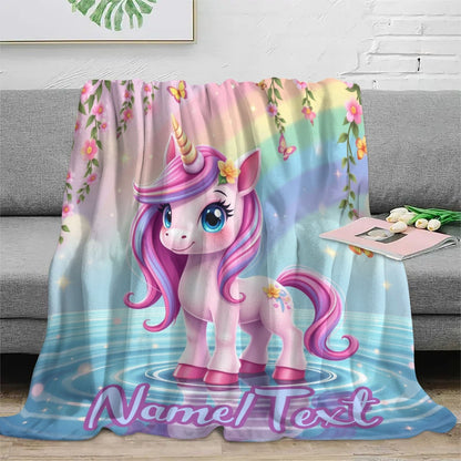 Customizable name cute unicorn pattern flannel blanket suitable for sofa, office, bed, travel, camping, suitable for all seasons