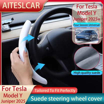 For Tesla Model Y Juniper 2025+ Steering Wheel Cover All Season Universal Deer Suede Sports Steering Wheel Cover