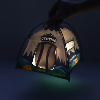 Barraca de camping em miniatura 1:12 com luzes, barraca de camping que brilha, modelo para casa de bonecas, acessório de cenário em escala, decoração para fotografia